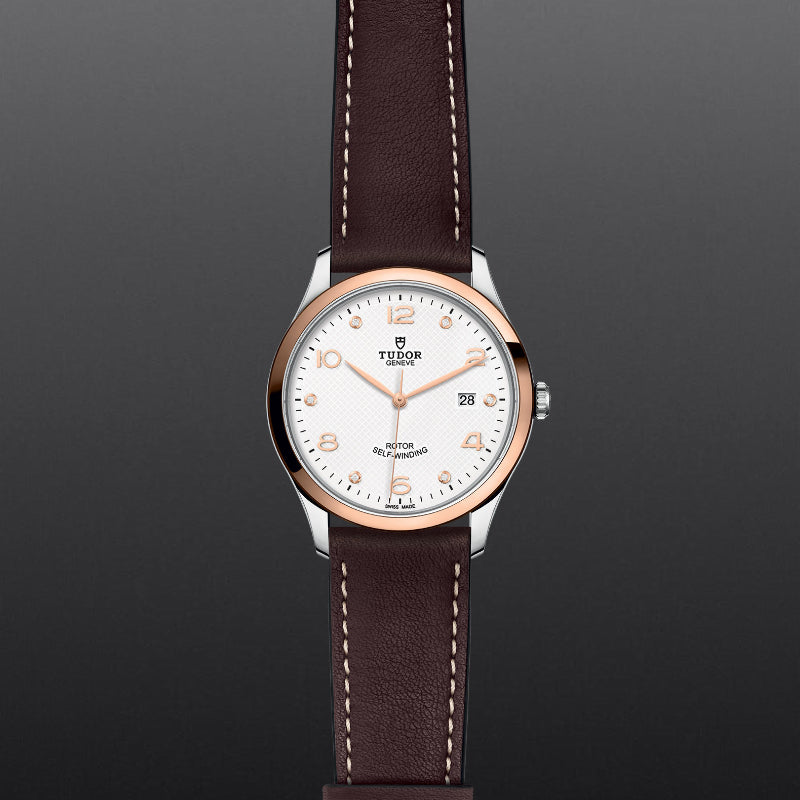 41mm, 1926, tudor, watch, steel case, white dial, rose gold markers, brown leather strap, watch