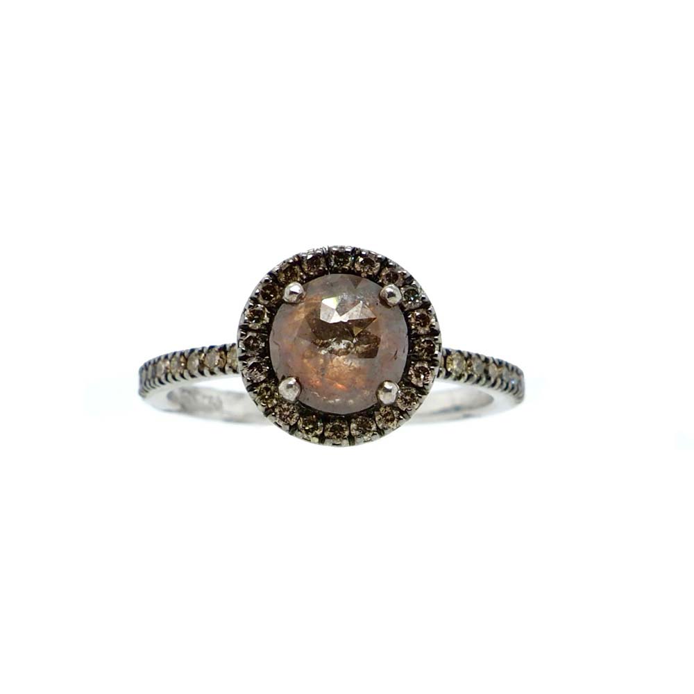 brown diamond ring with halo, 18k white gold 